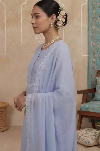 Blue plain chanderi cotton stitched a-line kurta set with dupatta for women