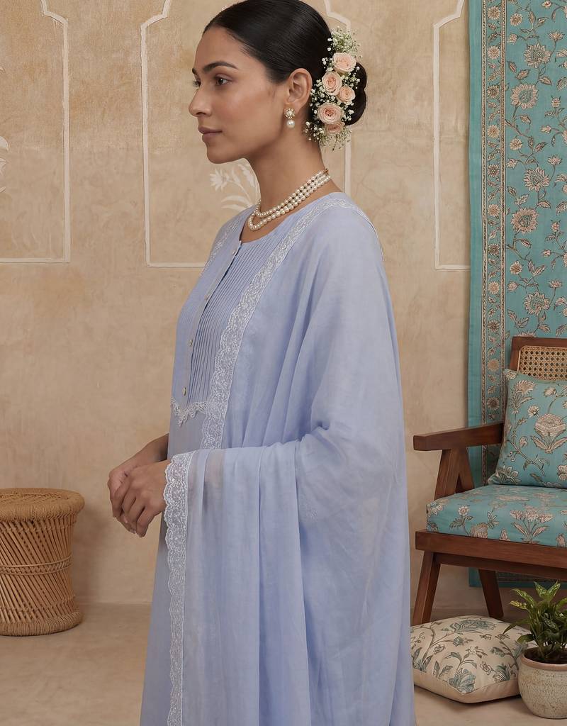 Blue plain chanderi cotton stitched a-line kurta set with dupatta for women
