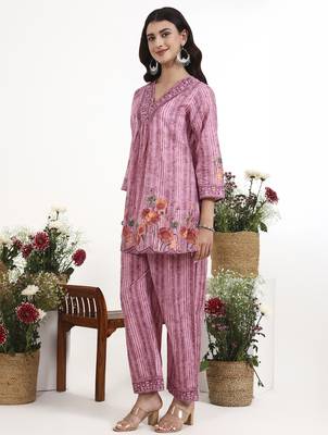 Purple floral printed cotton stitched co-ord set with pants for women 2