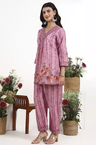 Purple floral printed cotton stitched co-ord set with pants for women