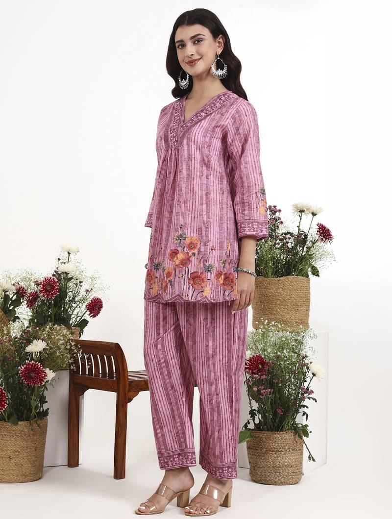 Purple floral printed cotton stitched co-ord set with pants for women