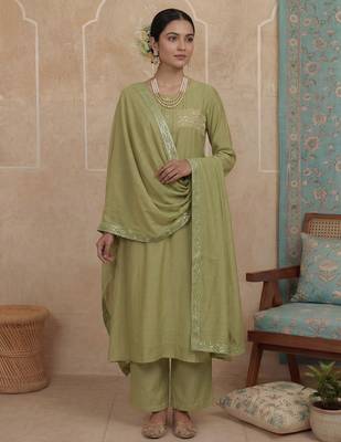 Green plain chanderi cotton stitched a-line kurta set with dupatta for women 1