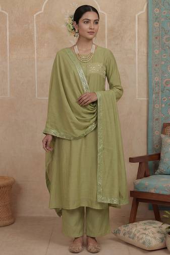 Green plain chanderi cotton stitched a-line kurta set with dupatta for women