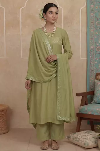 Green plain chanderi cotton stitched a-line kurta set with dupatta for women