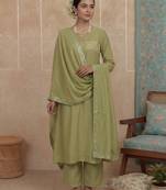 Green plain chanderi cotton stitched a-line kurta set with dupatta for women