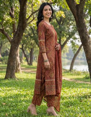 Red floral printed cotton stitched straight kurta set with dupatta for women 2