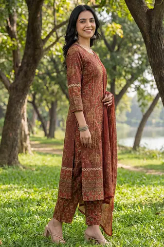 Red floral printed cotton stitched straight kurta set with dupatta for women