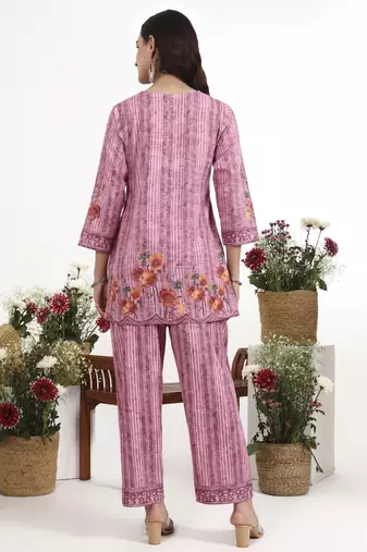 Purple floral printed cotton stitched co-ord set with pants for women