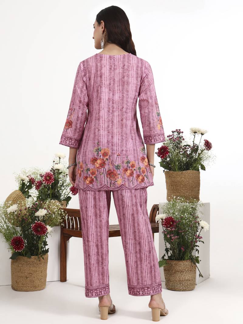 Purple floral printed cotton stitched co-ord set with pants for women