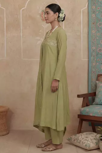Green plain chanderi cotton stitched a-line kurta set with dupatta for women