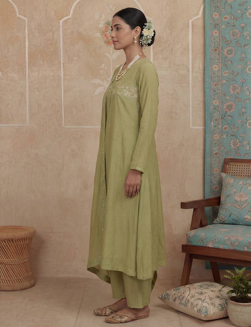 Green plain chanderi cotton stitched a-line kurta set with dupatta for women