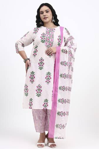 Pink floral printed cotton stitched straight kurta set with dupatta for women