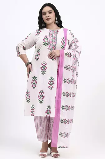 Pink floral printed cotton stitched straight kurta set with dupatta for women