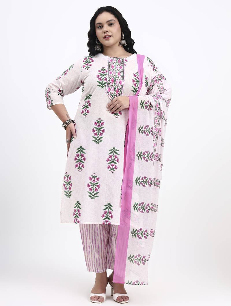 Pink floral printed cotton stitched straight kurta set with dupatta for women