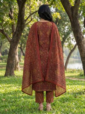 Red floral printed cotton stitched straight kurta set with dupatta for women 3