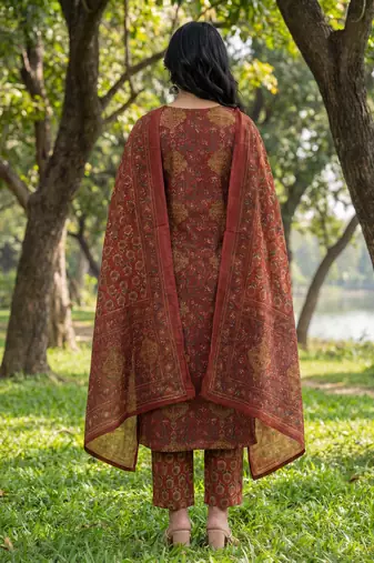 Red floral printed cotton stitched straight kurta set with dupatta for women