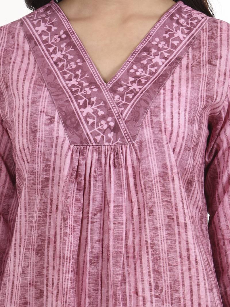 Purple floral printed cotton stitched co-ord set with pants for women
