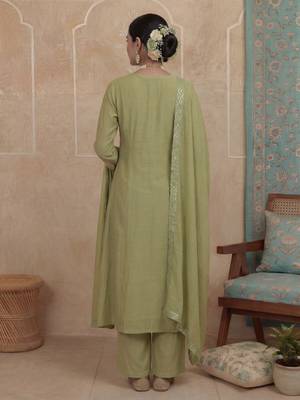 Green plain chanderi cotton stitched a-line kurta set with dupatta for women 3