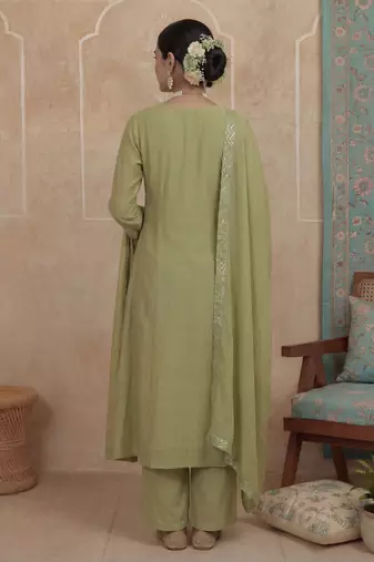 Green plain chanderi cotton stitched a-line kurta set with dupatta for women