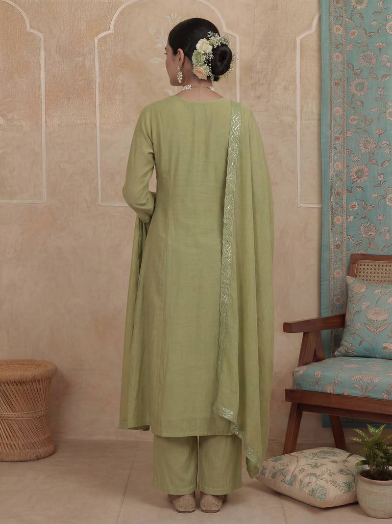 Green plain chanderi cotton stitched a-line kurta set with dupatta for women
