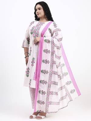 Pink floral printed cotton stitched straight kurta set with dupatta for women 2
