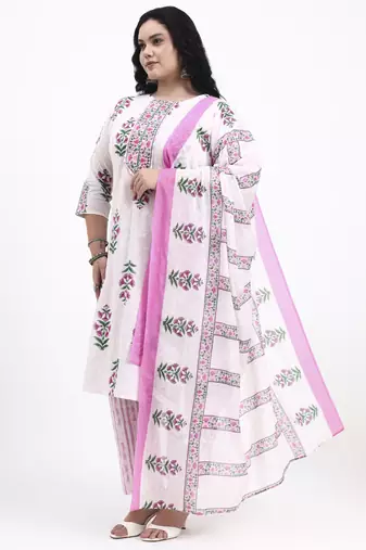 Pink floral printed cotton stitched straight kurta set with dupatta for women