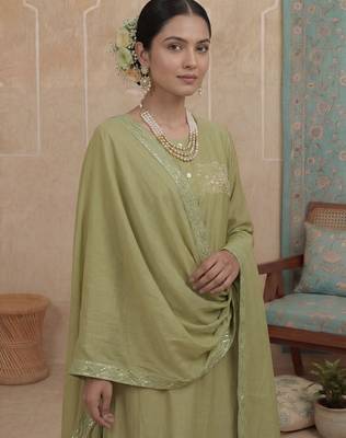 Green plain chanderi cotton stitched a-line kurta set with dupatta for women 4