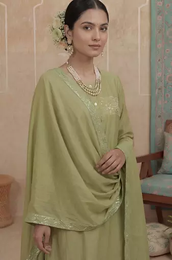 Green plain chanderi cotton stitched a-line kurta set with dupatta for women