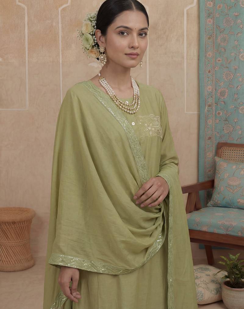 Green plain chanderi cotton stitched a-line kurta set with dupatta for women