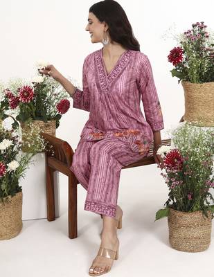 Purple floral printed cotton stitched co-ord set with pants for women 5