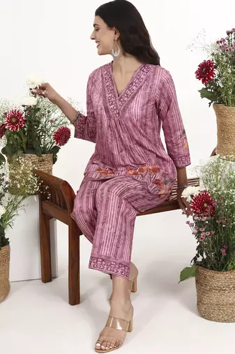 Purple floral printed cotton stitched co-ord set with pants for women