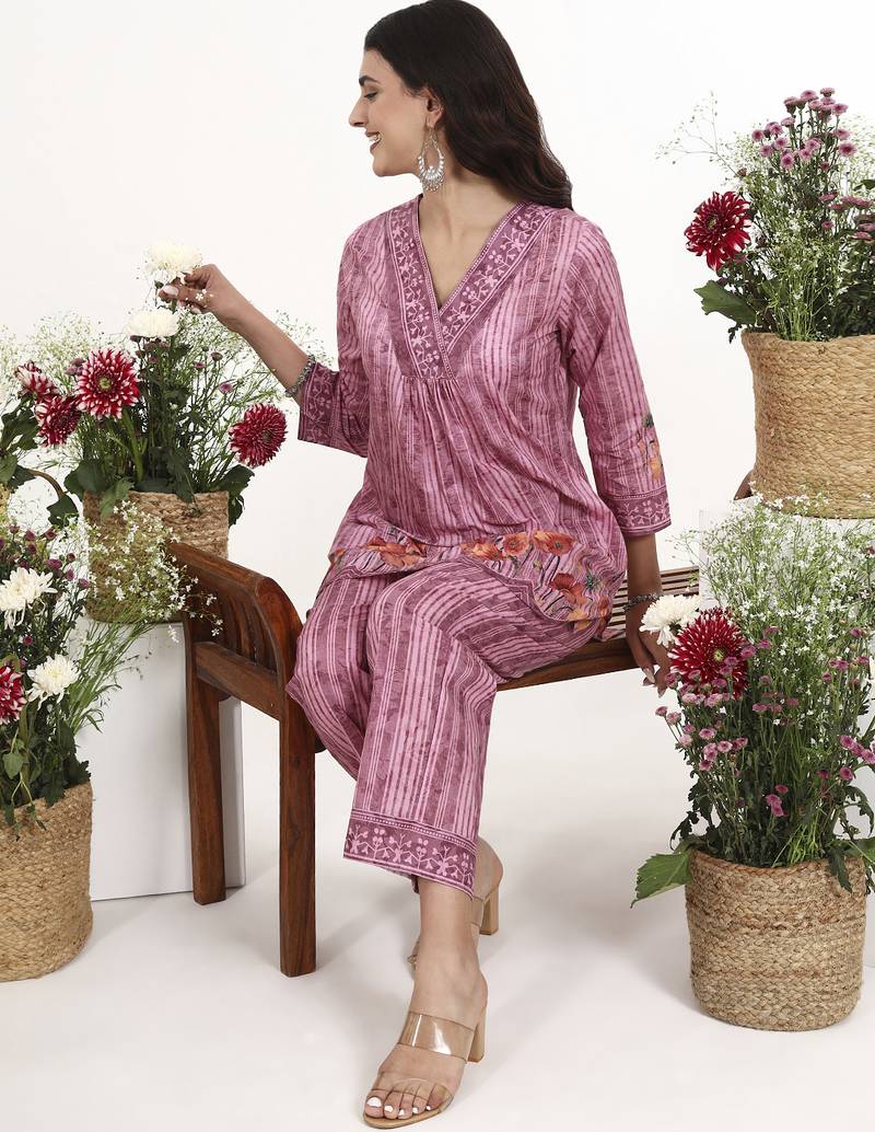 Purple floral printed cotton stitched co-ord set with pants for women