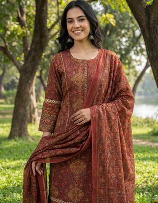 Red floral printed cotton stitched straight kurta set with dupatta for women 4