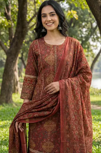 Red floral printed cotton stitched straight kurta set with dupatta for women