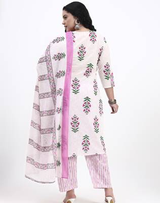 Pink floral printed cotton stitched straight kurta set with dupatta for women 3