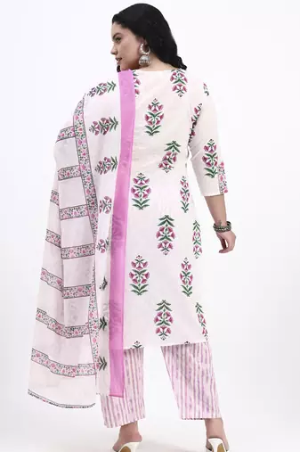 Pink floral printed cotton stitched straight kurta set with dupatta for women