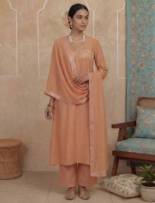 Peach plain chanderi cotton stitched a-line kurta set with dupatta for women 1