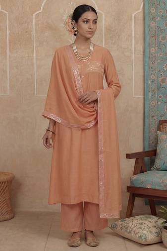 Peach plain chanderi cotton stitched a-line kurta set with dupatta for women