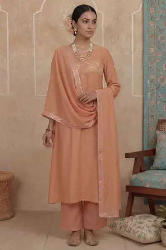 Peach plain chanderi cotton stitched a-line kurta set with dupatta for women