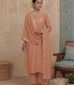 Peach plain chanderi cotton stitched a-line kurta set with dupatta for women