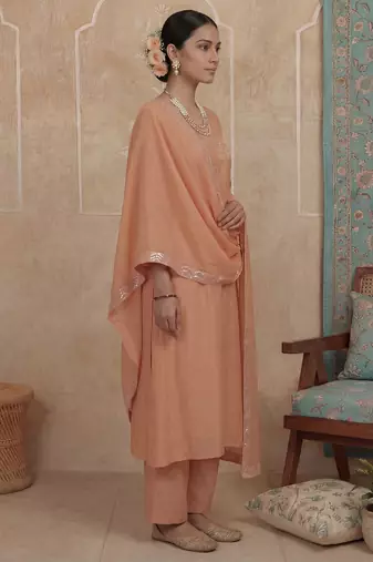 Peach plain chanderi cotton stitched a-line kurta set with dupatta for women