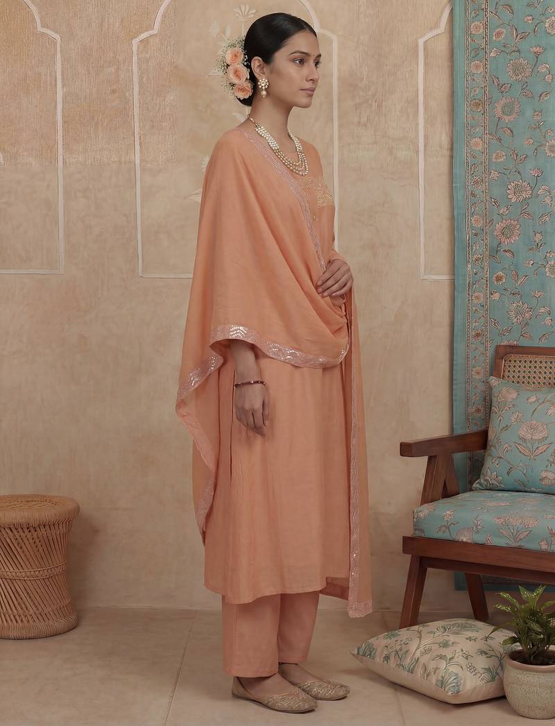 Peach plain chanderi cotton stitched a-line kurta set with dupatta for women
