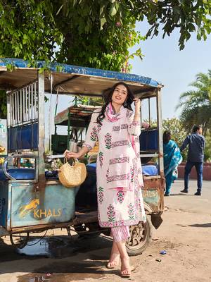 Pink floral printed cotton stitched straight kurta set with dupatta for women 1