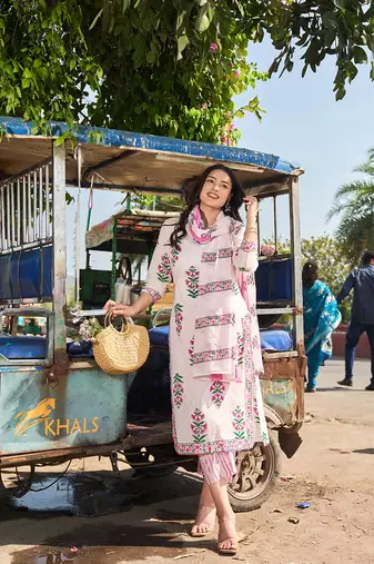 Pink floral printed cotton stitched straight kurta set with dupatta for women