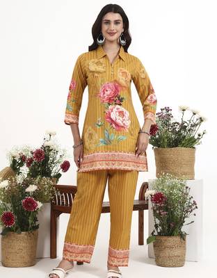 Mustard floral printed cotton stitched co-ord set with pants for women 1