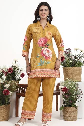 Mustard floral printed cotton stitched co-ord set with pants for women