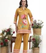 Mustard floral printed cotton stitched co-ord set with pants for women