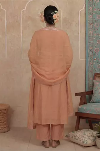 Peach plain chanderi cotton stitched a-line kurta set with dupatta for women