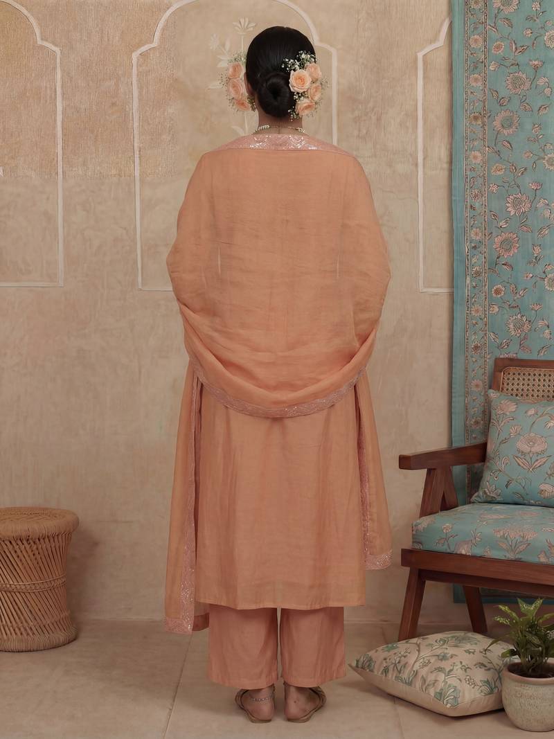Peach plain chanderi cotton stitched a-line kurta set with dupatta for women