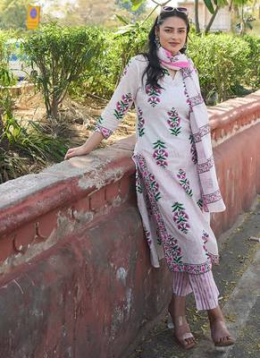 Pink floral printed cotton stitched straight kurta set with dupatta for women 2